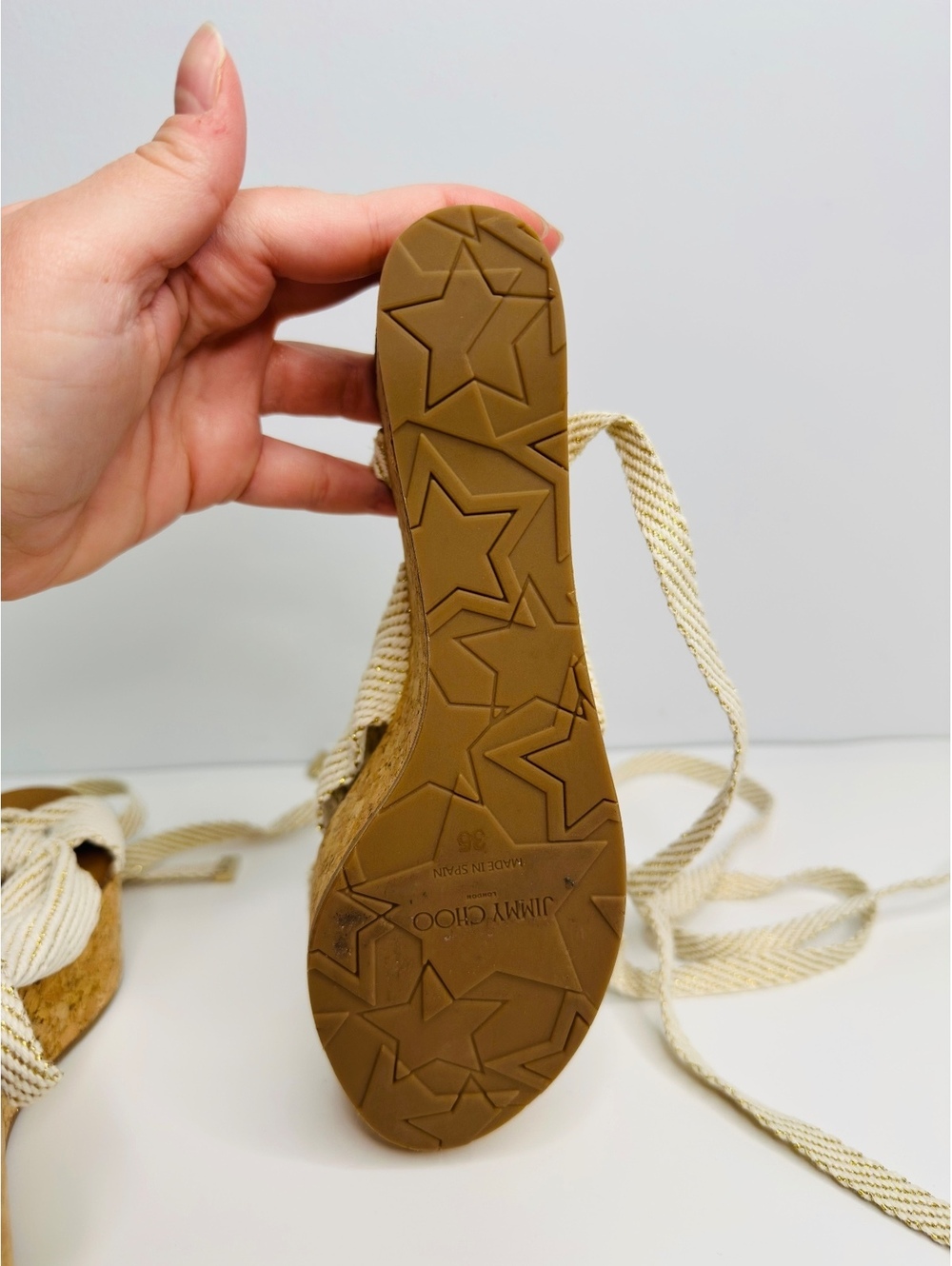 Jimmy Choo Cork Wedge Sandals Size 35 Ivory Gold Bow Lace Up Made Spain - Picture 6 of 9